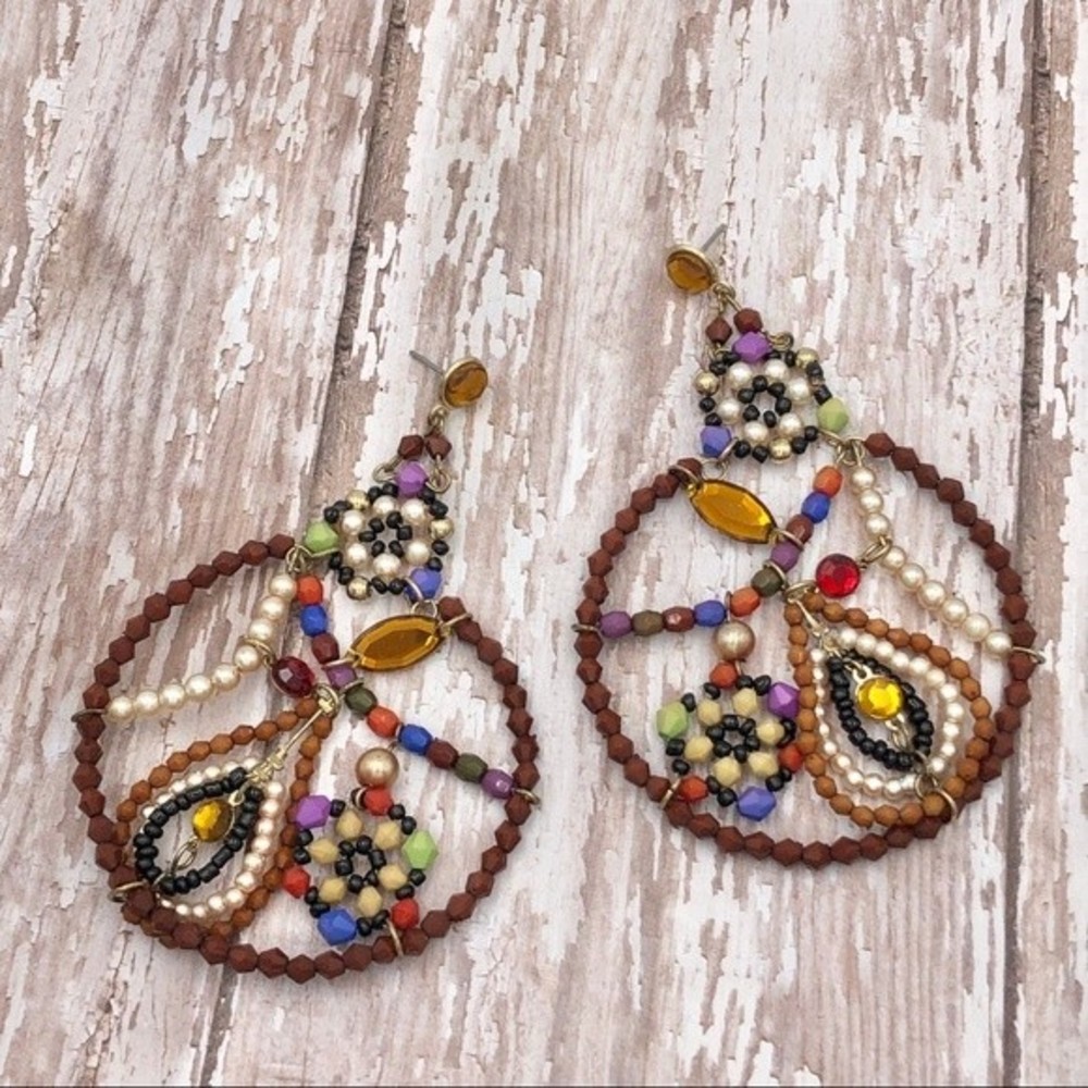 🌼 Large Statement Brown Beaded Statement Paisley Drop Earrings